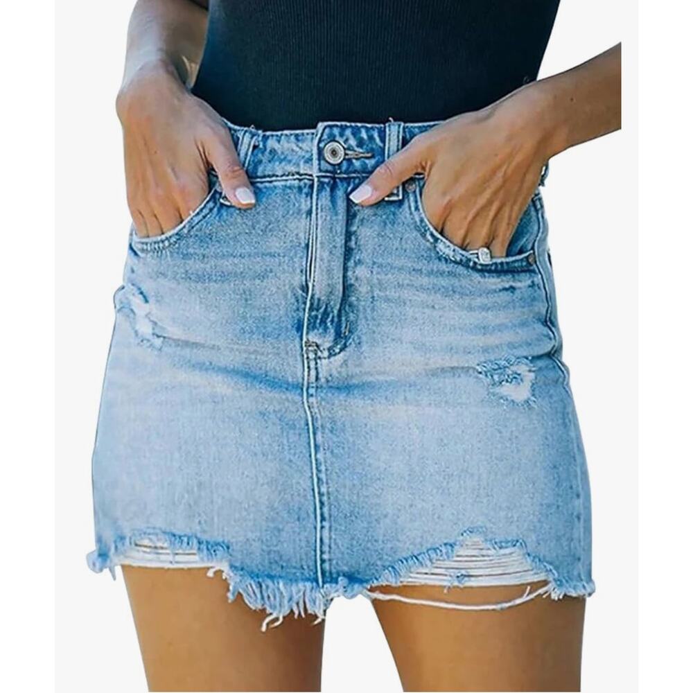 Gobles Mid Waist‎ Zipper Closure Frayed Raw Hem Ripped Mini Denim Skirt Medium